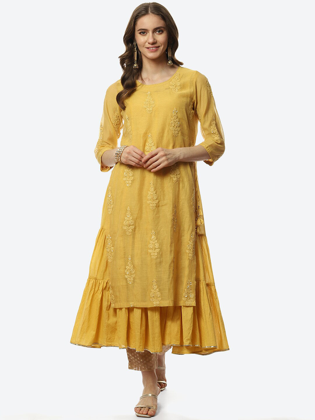 Biba Women Yellow Floral Embroidered Layered Kurta - Distacart