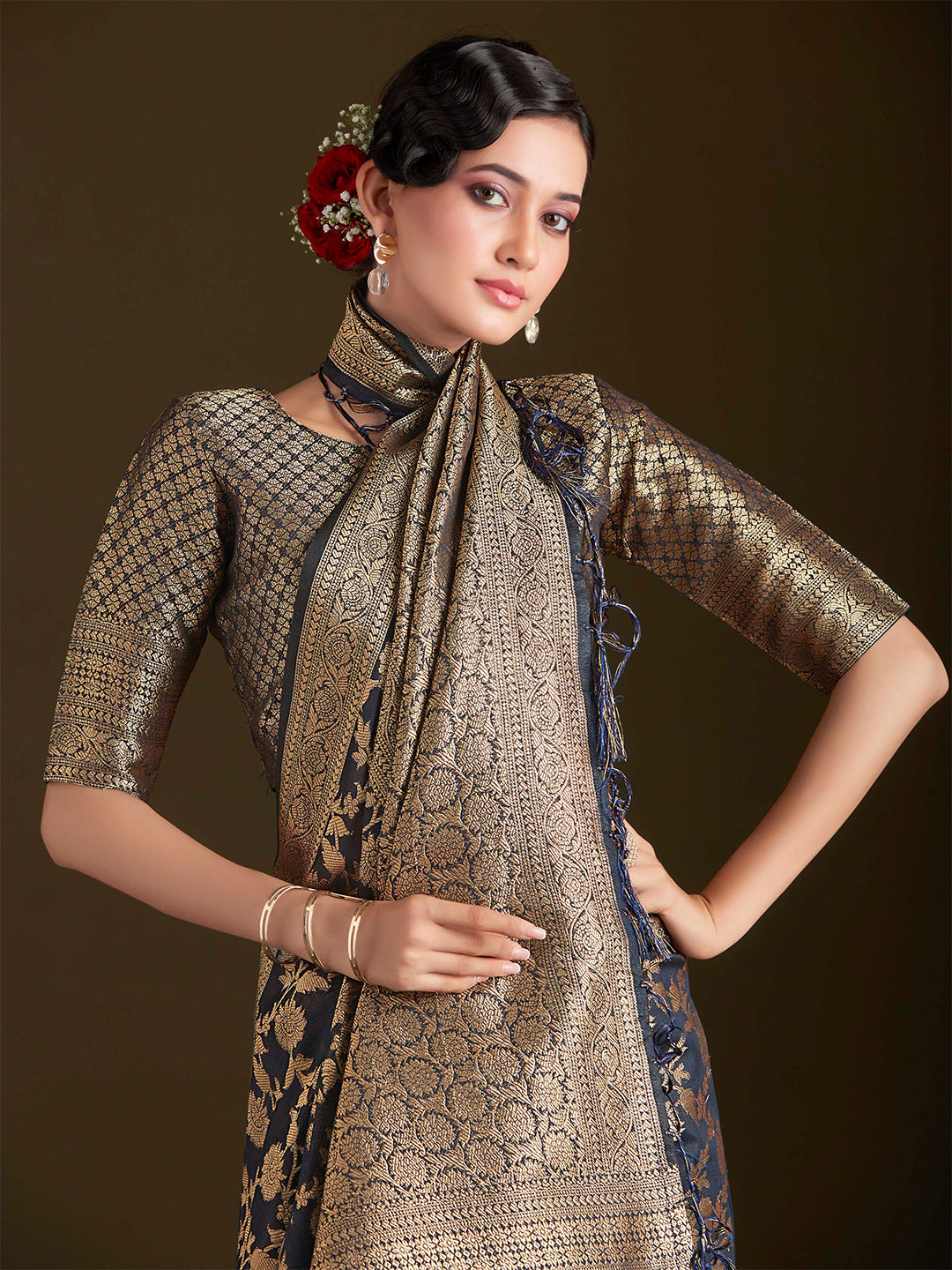 Sangria Floral Woven Design Sarees - Distacart