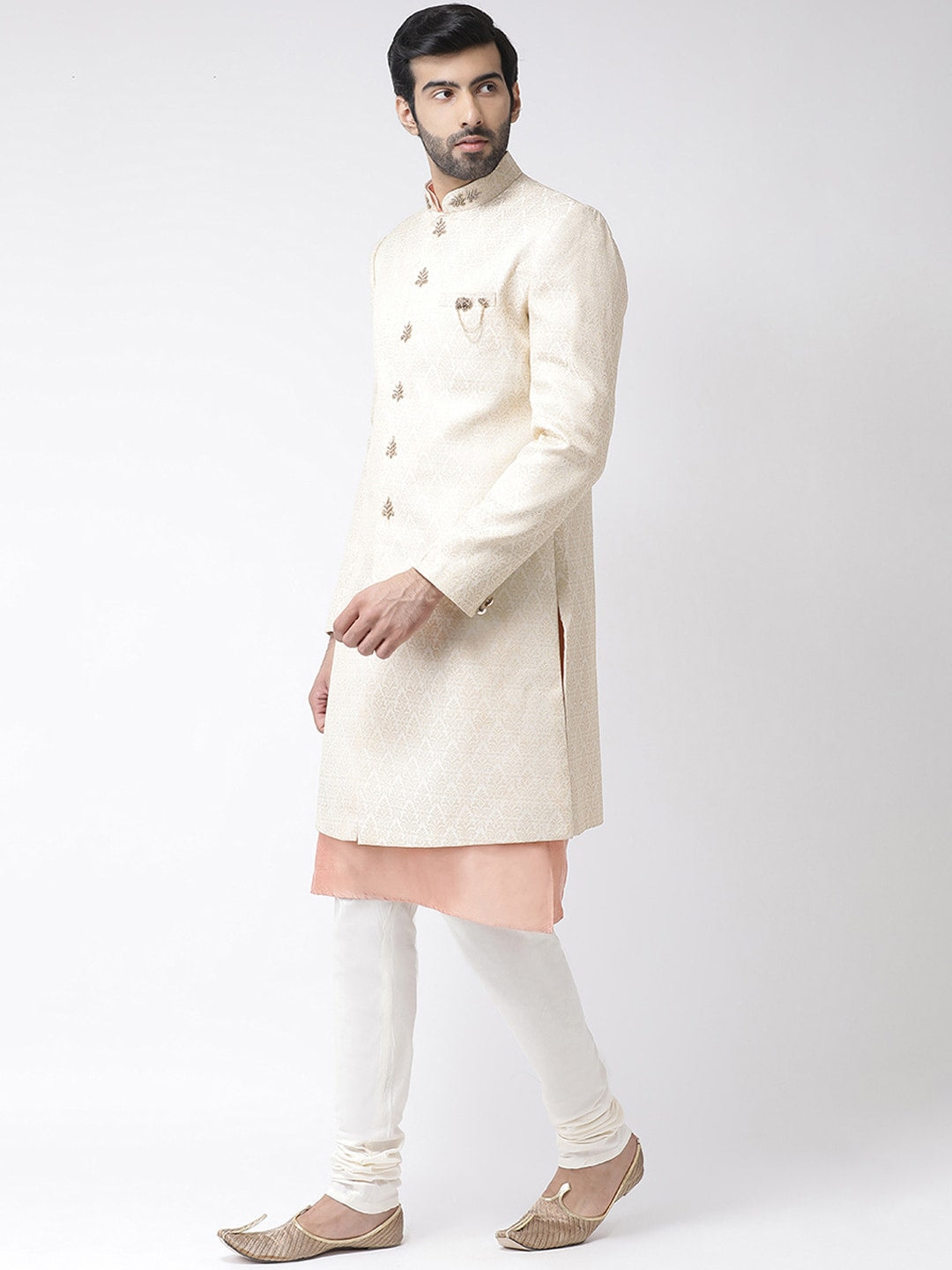 KISAH Men Cream Coloured & Peach Coloured Ethnic Motif Sherwani Set - Distacart