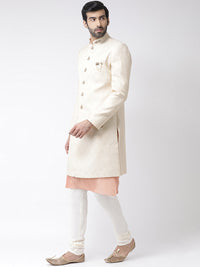 Thumbnail for KISAH Men Cream Coloured & Peach Coloured Ethnic Motif Sherwani Set - Distacart