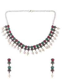 Thumbnail for NVR Women Silver-Plated Stone Studded Oxidised Silver Jewellery Set - Distacart