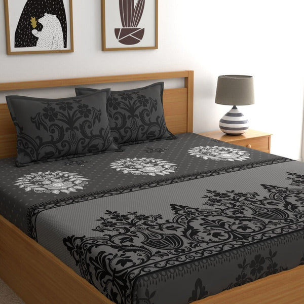 Dreamscape Grey & Black Ethnic Motifs 144 TC Bedsheet with Pillow Covers - Distacart