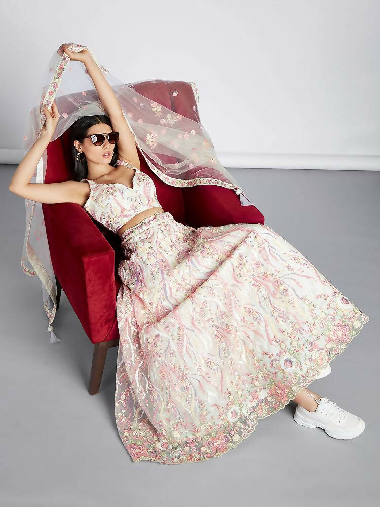 House of Panchhi Cream Net Sequins And Thread Embroidery Lehenga Choli & Dupatta - Distacart