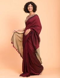 Thumbnail for Suta Women Maroon Beige Colorblocked Cotton Blend Saree - Distacart
