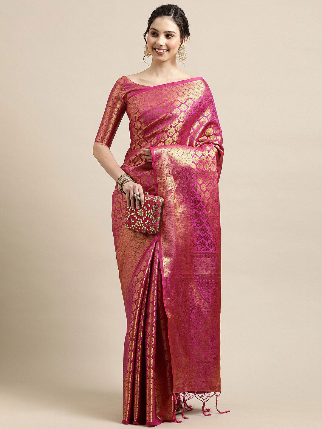 Saree Mall Pink & Gold-Toned Woven Design Zari Silk Blend Banarasi Saree - Distacart
