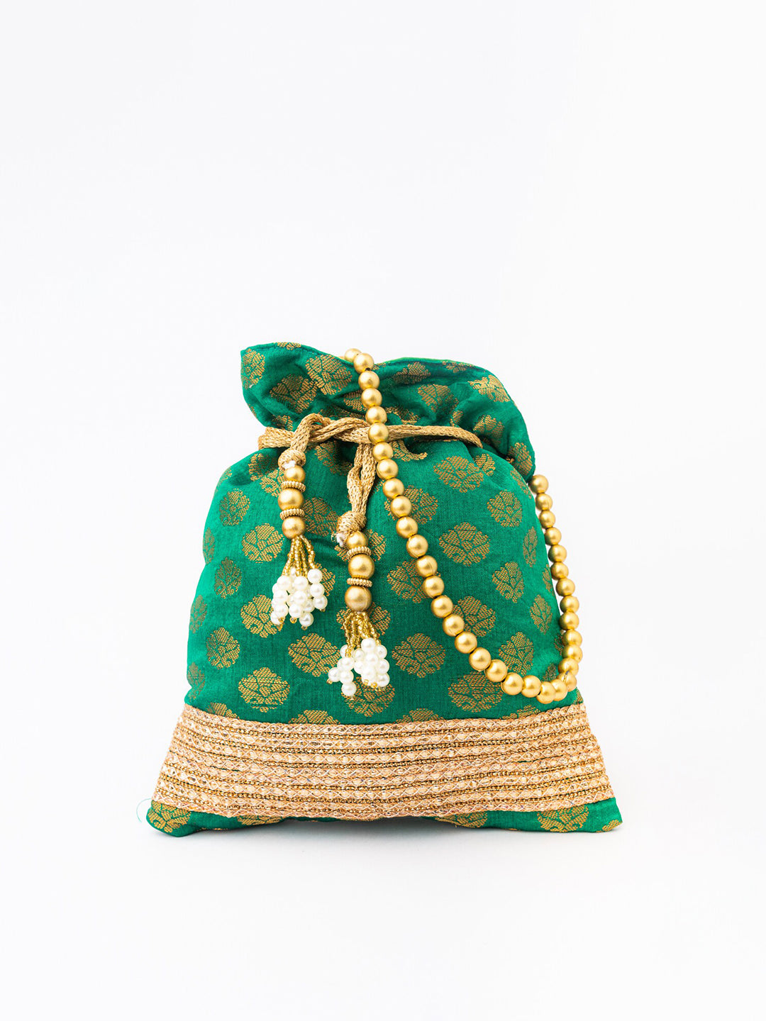 NR By Nidhi Rathi Green & Gold-Toned Banarasi Printed Potli Clutch - Distacart