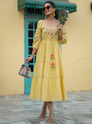 Juniper Women's Yellow Cotton Dobby Embroidered Flared Dress - Distacart