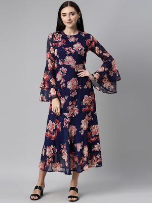 Souchii Navy Blue Floral Chiffon Midi Dress - Distacart