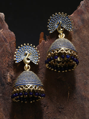 Anikas Creation Gold Plated & Blue Enamelled Peacock Shaped Jhumkas - Distacart