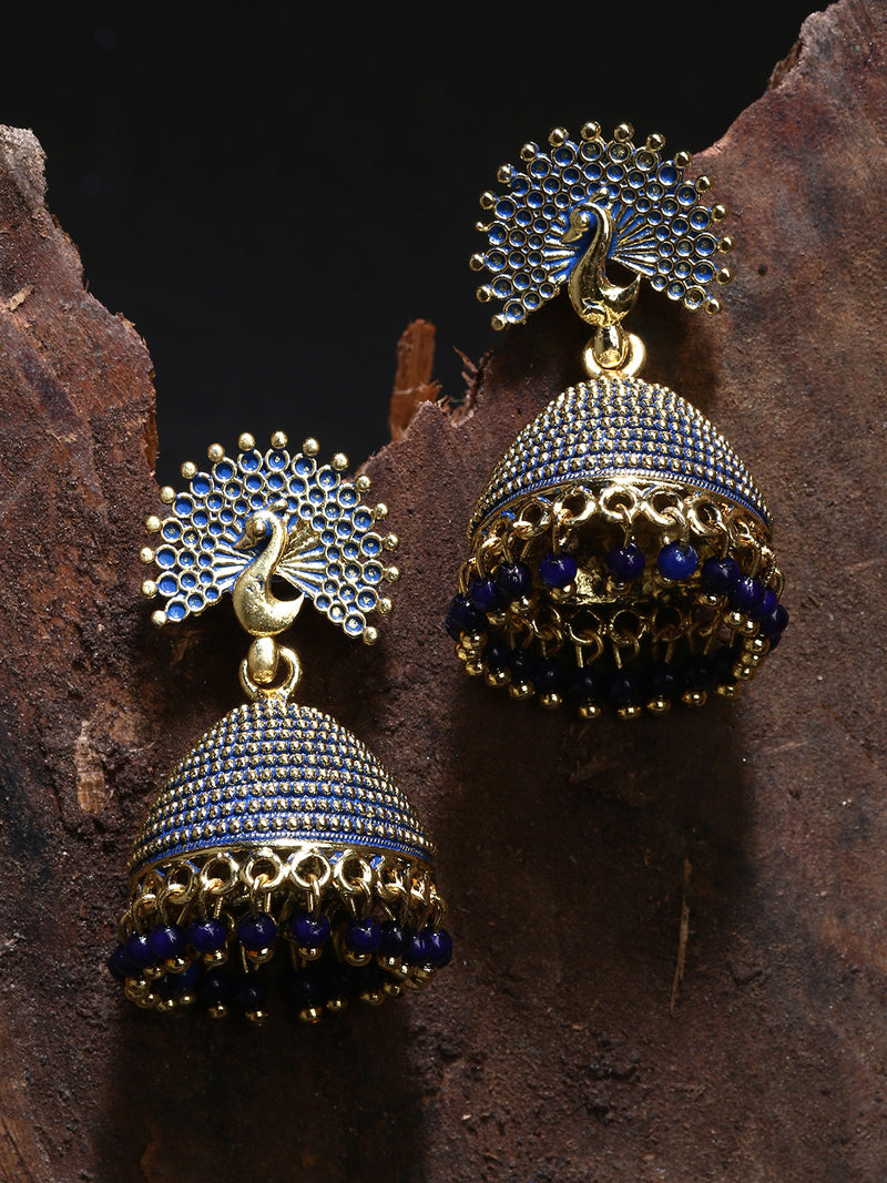 Anikas Creation Gold Plated &amp; Blue Enamelled Peacock Shaped Jhumkas - Distacart