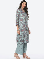 Thumbnail for Biba Blue Ethnic Motifs Printed Kurta with Trousers & Dupatta - Distacart