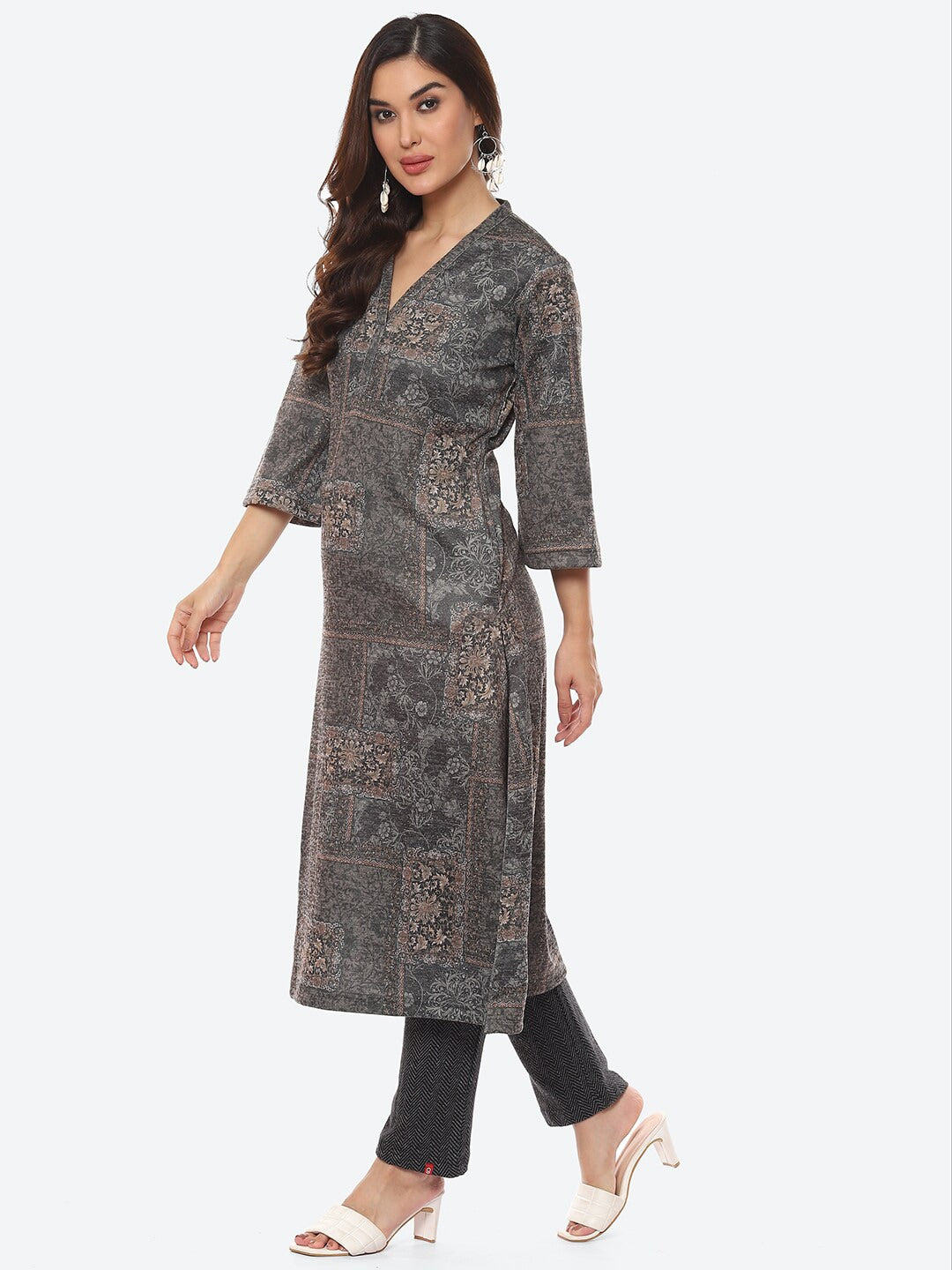 Biba Women Grey Floral Printed Straight Fit Kurta - Distacart