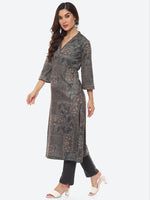 Thumbnail for Biba Women Grey Floral Printed Straight Fit Kurta - Distacart