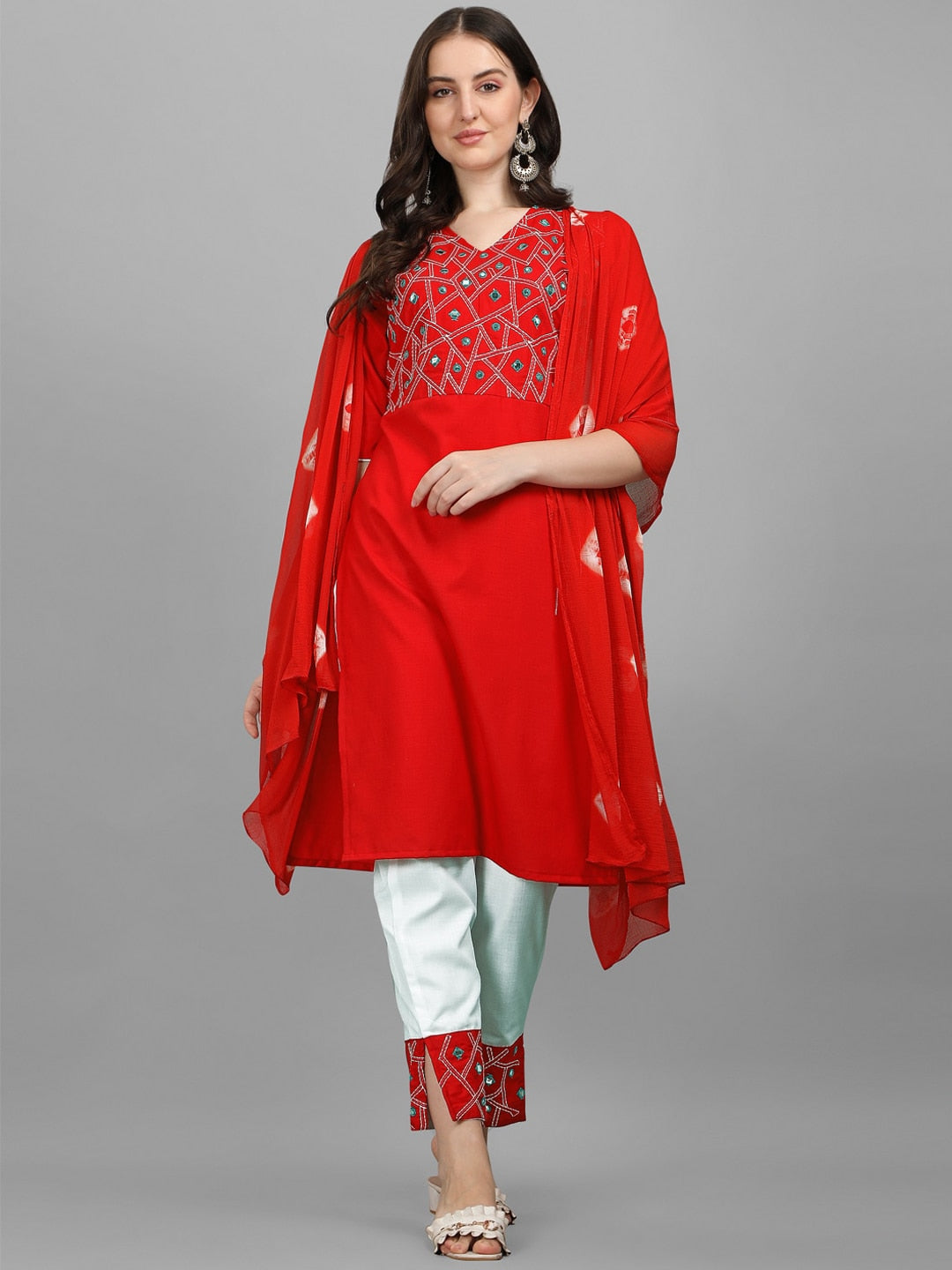 Kalini Women Red Embroidered Mirror Work Kurta with Trousers & With Dupatta - Distacart