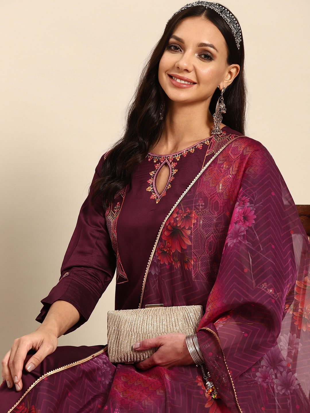 Sangria Women Floral Embroidered Regular Sequinned Kurta With Trousers & With Dupatta - Distacart