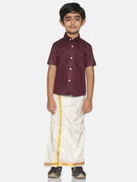 Thumbnail for Sethukrishna Boys Maroon & White Solid Shirt with Veshti Set - Distacart