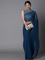 Thumbnail for Mitera Teal Blue Solid Pure Georgette Saree - Distacart