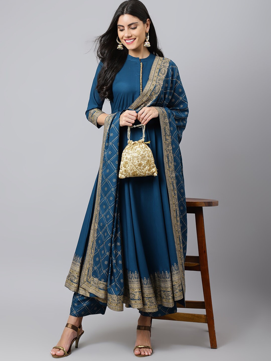 Khushal K Women Blue Ethnic Motifs Empire Kurta with Trousers & With Dupatta - Distacart