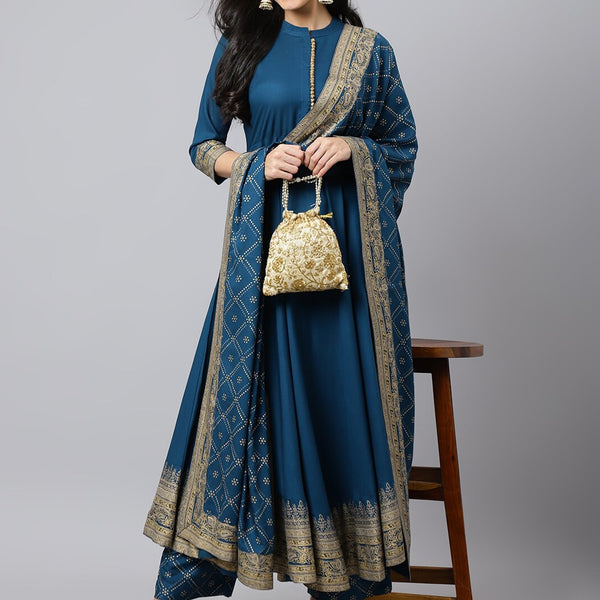 Khushal K Women Blue Ethnic Motifs Empire Kurta with Trousers & With Dupatta - Distacart