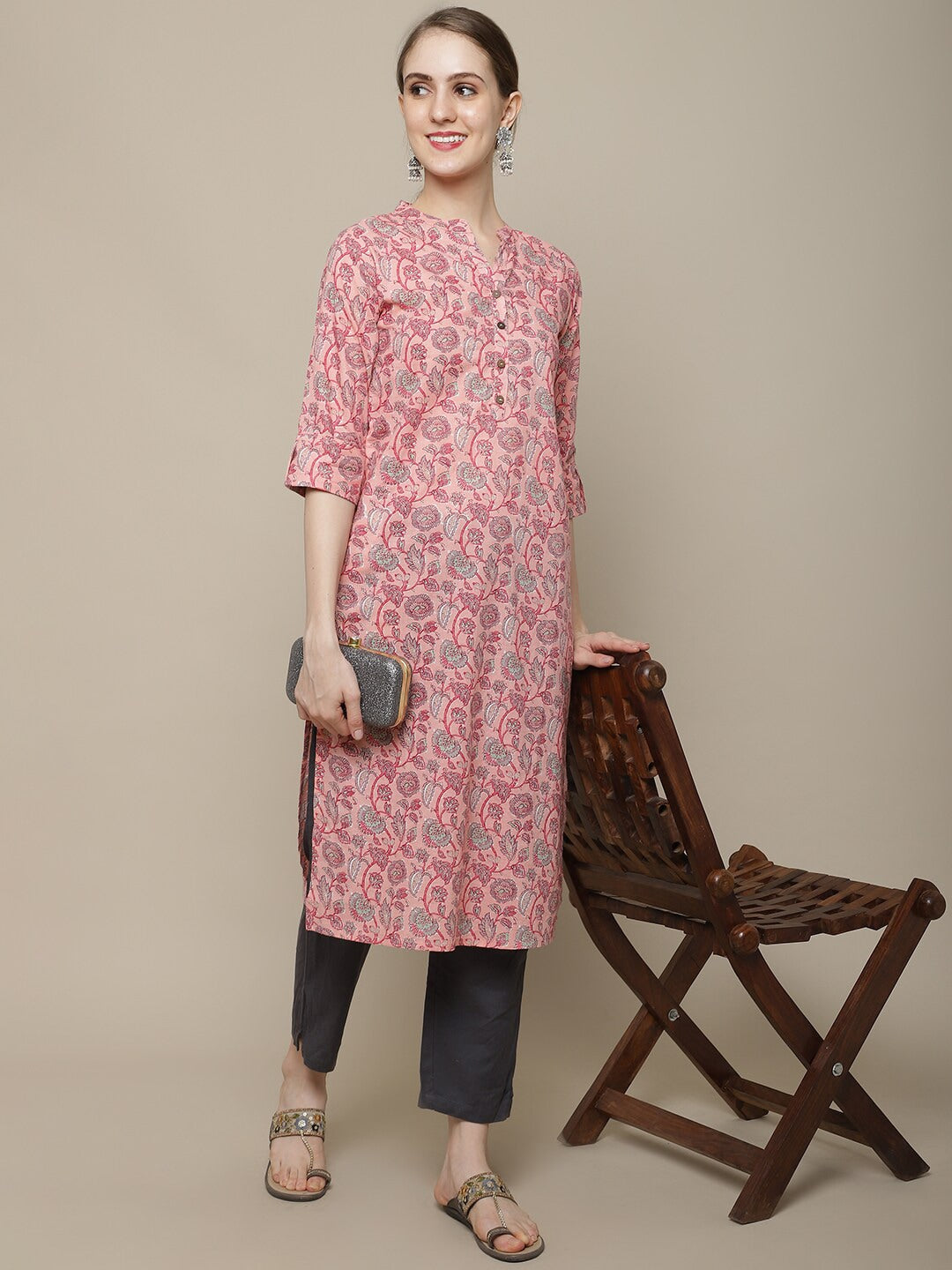 Sangria Women Pink Ethnic Motifs Printed Floral Kurta - Distacart