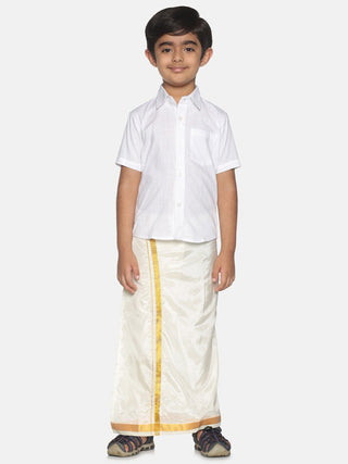 Sethukrishna Boys White & Gold-Toned Pure Cotton Shirt with Dhoti Set - Distacart