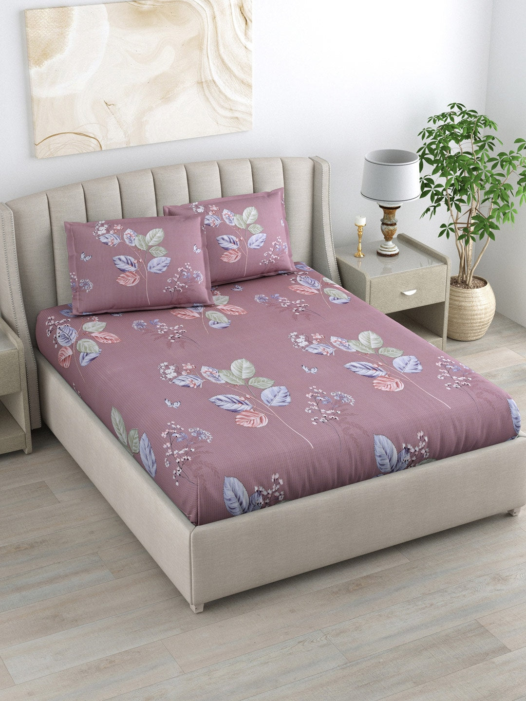 DREAM WEAVERZ 220 TC Pink & Blue Floral Glazed Cotton King Bedsheet with 2 Pillow Covers - Distacart