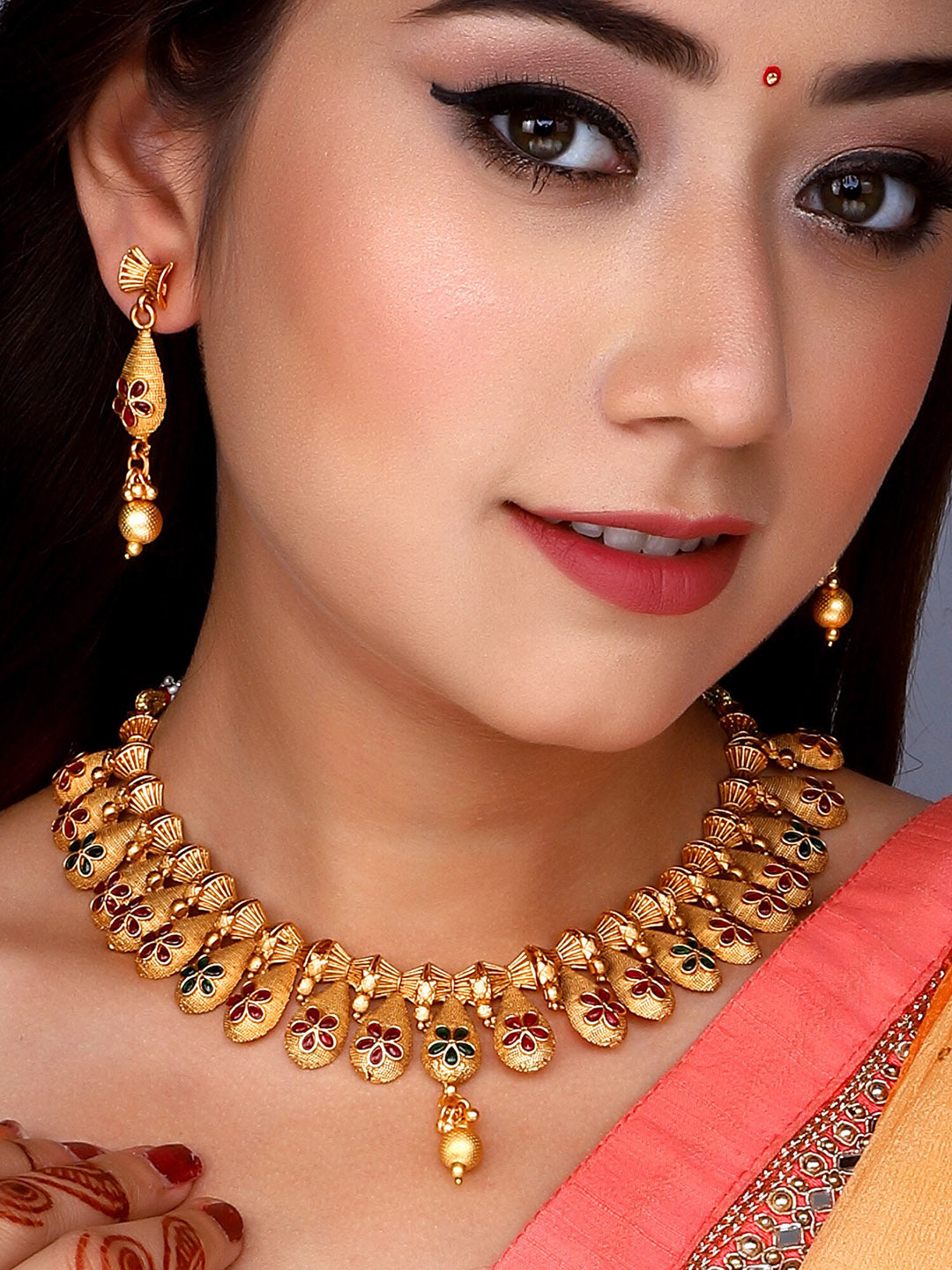 Aadita Gold Plated Temple Choker Ruby Jewellery Set - Distacart