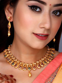 Thumbnail for Aadita Gold Plated Temple Choker Ruby Jewellery Set - Distacart