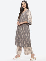 Thumbnail for Biba Women Grey & Beige Ethnic Motifs Printed Pleated Pure Cotton Kurta with Palazzos - Distacart