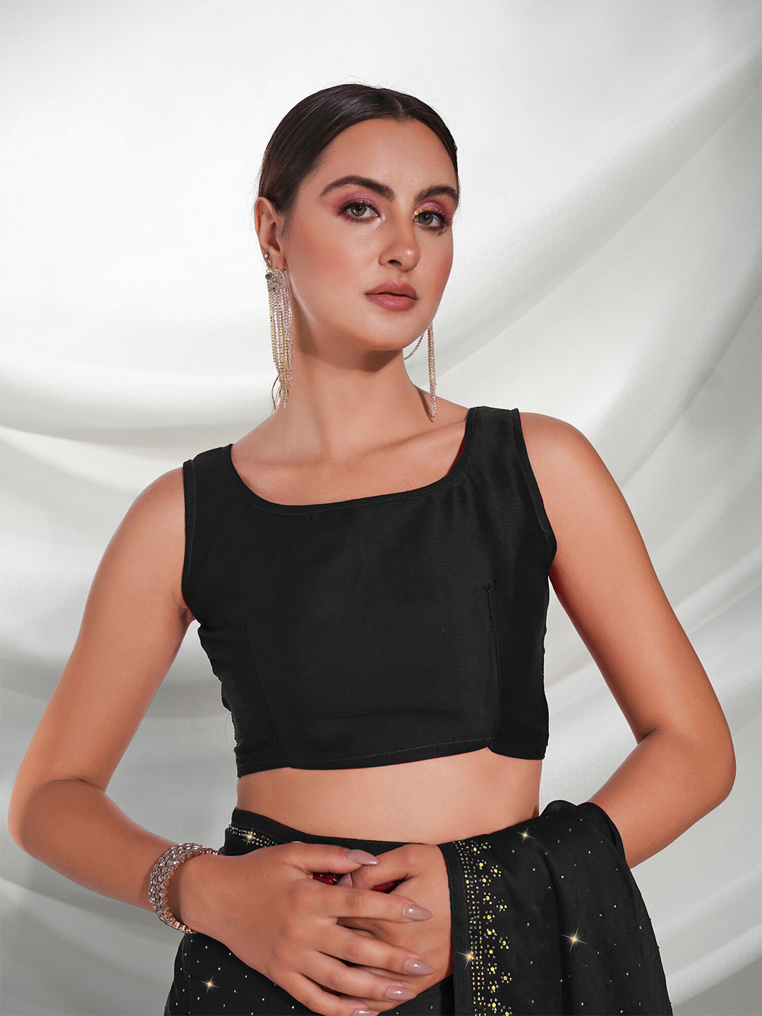 Mitera Black Embellished Beads and Stones Satin Saree - Distacart