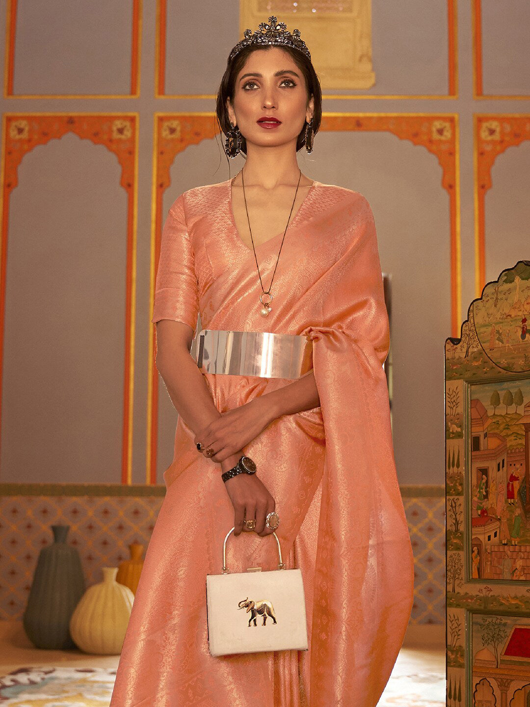 Mitera Peach-Coloured & Gold-Toned Floral Zari Kanjeevaram Saree - Distacart