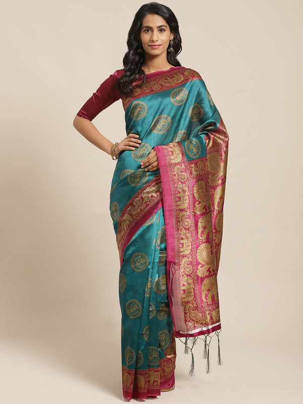 Saree Mall Teal Green & Beige Printed Bhagalpuri Saree - Distacart