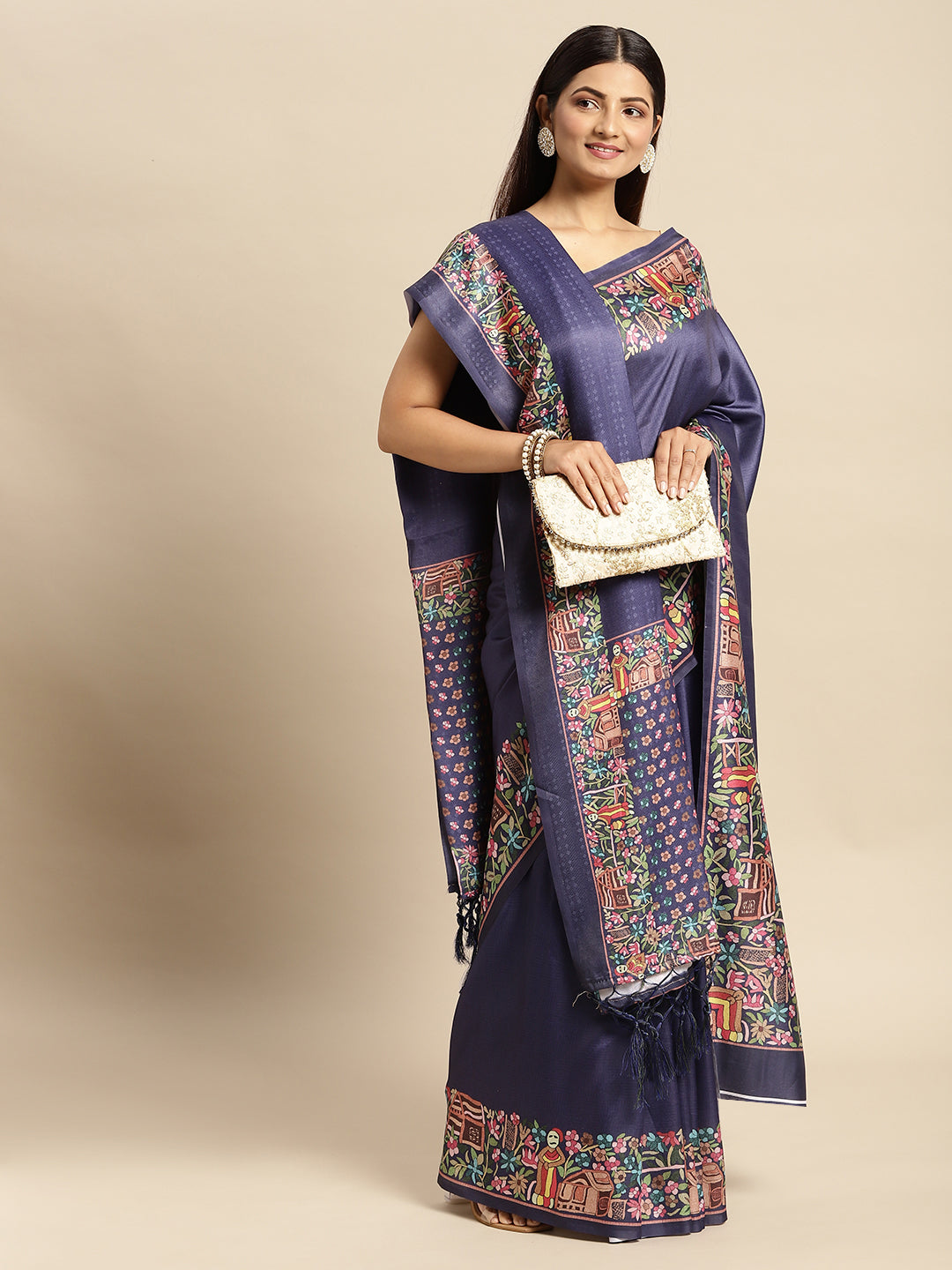 Mitera Blue Floral Pashmina Silk Saree - Distacart