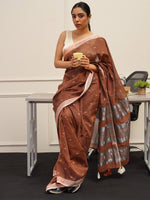 Thumbnail for Tikhi Imli Rust Abstract Woven Design Zari Saree - Distacart