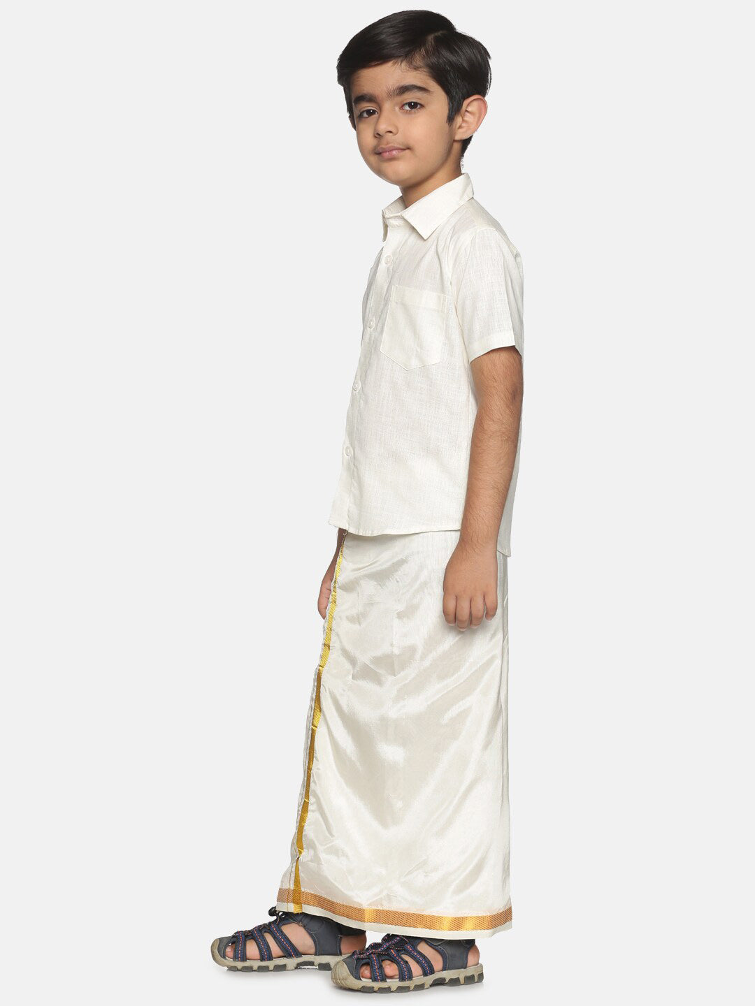 Sethukrishna Boys Cream-Coloured & Gold-Coloured Shirt with Dhoti - Distacart