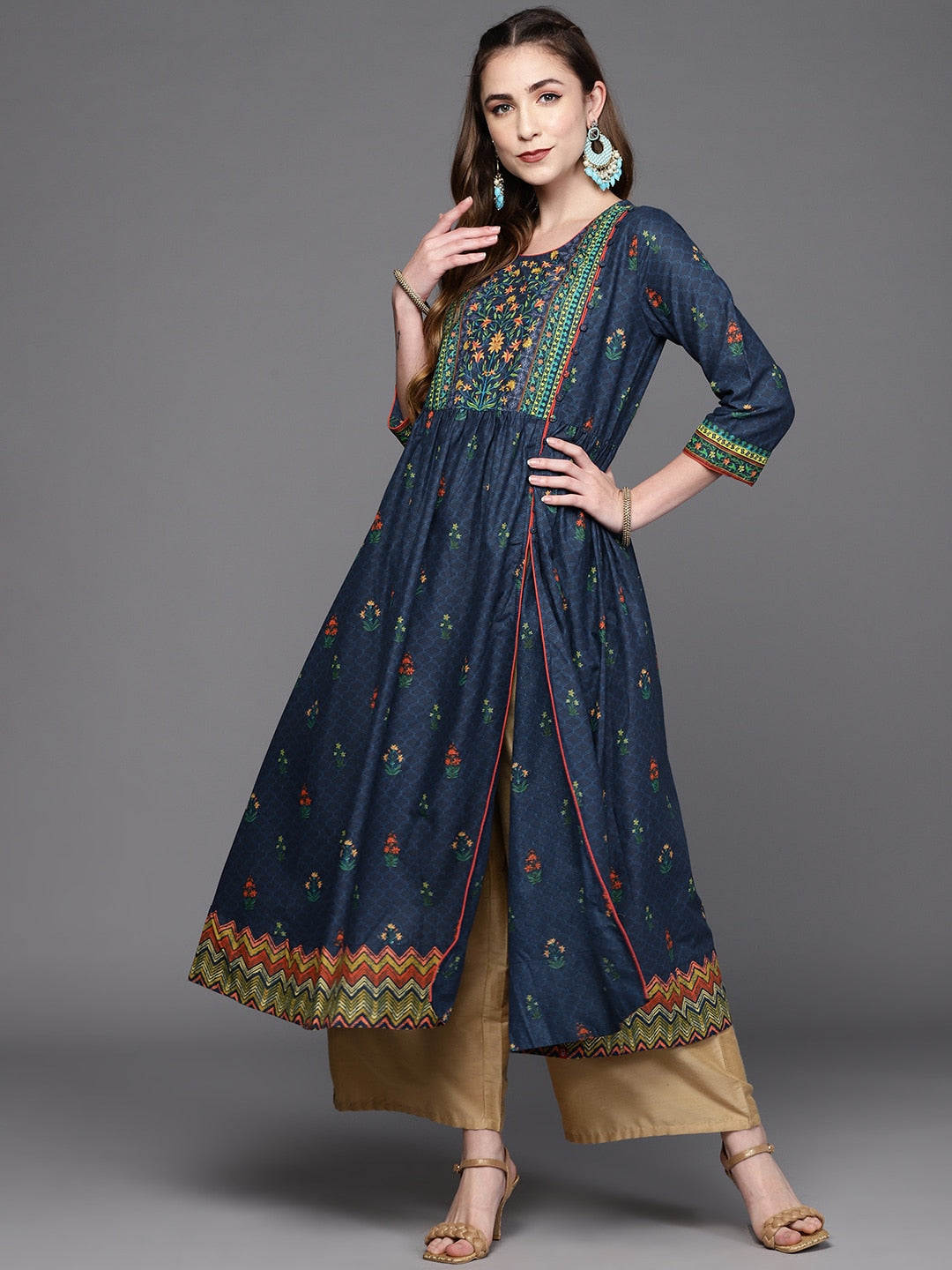 Biba Women Navy Blue & Green Ethnic Motifs Printed Front Slit A-Line Kurta - Distacart
