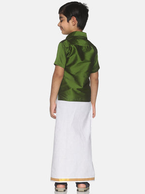 Sethukrishna Olive Green & White Solid Shirt and Veshti For Boys - Distacart