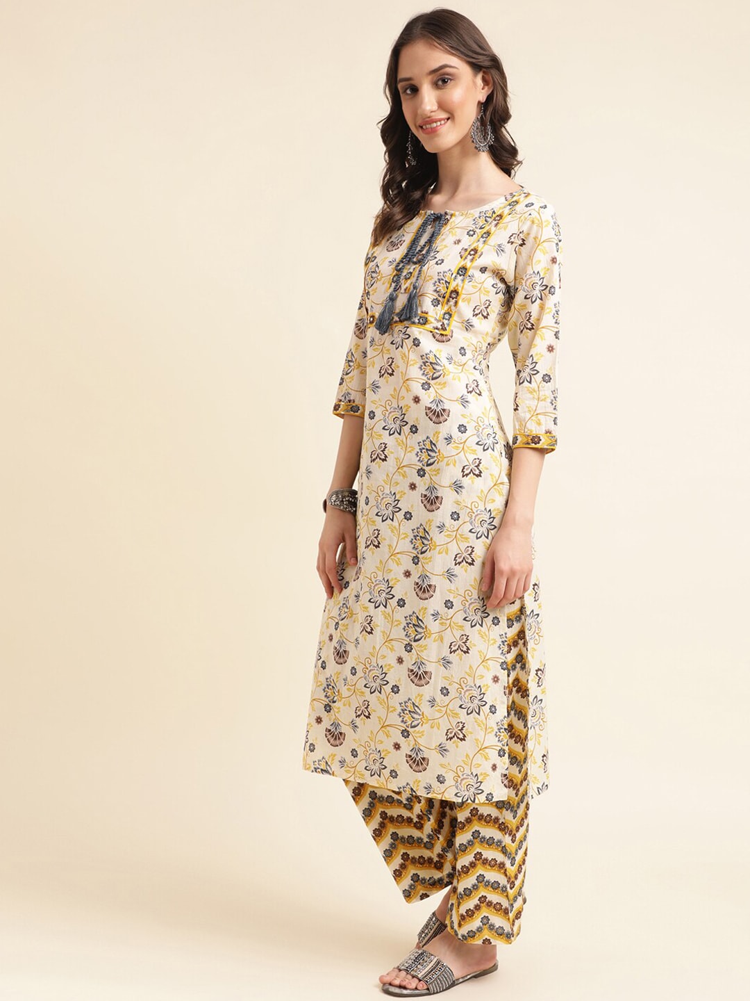 Sangria Beige Floral Printed Mirror Work Pure Cotton Kurta With Trousers & Dupatta - Distacart