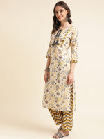 Thumbnail for Sangria Beige Floral Printed Mirror Work Pure Cotton Kurta With Trousers & Dupatta - Distacart