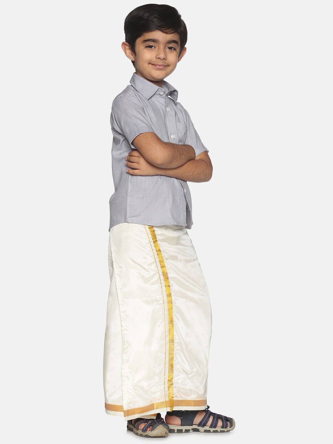 Sethukrishna Boys Grey & White Pure Cotton Shirt With Veshti Set - Distacart