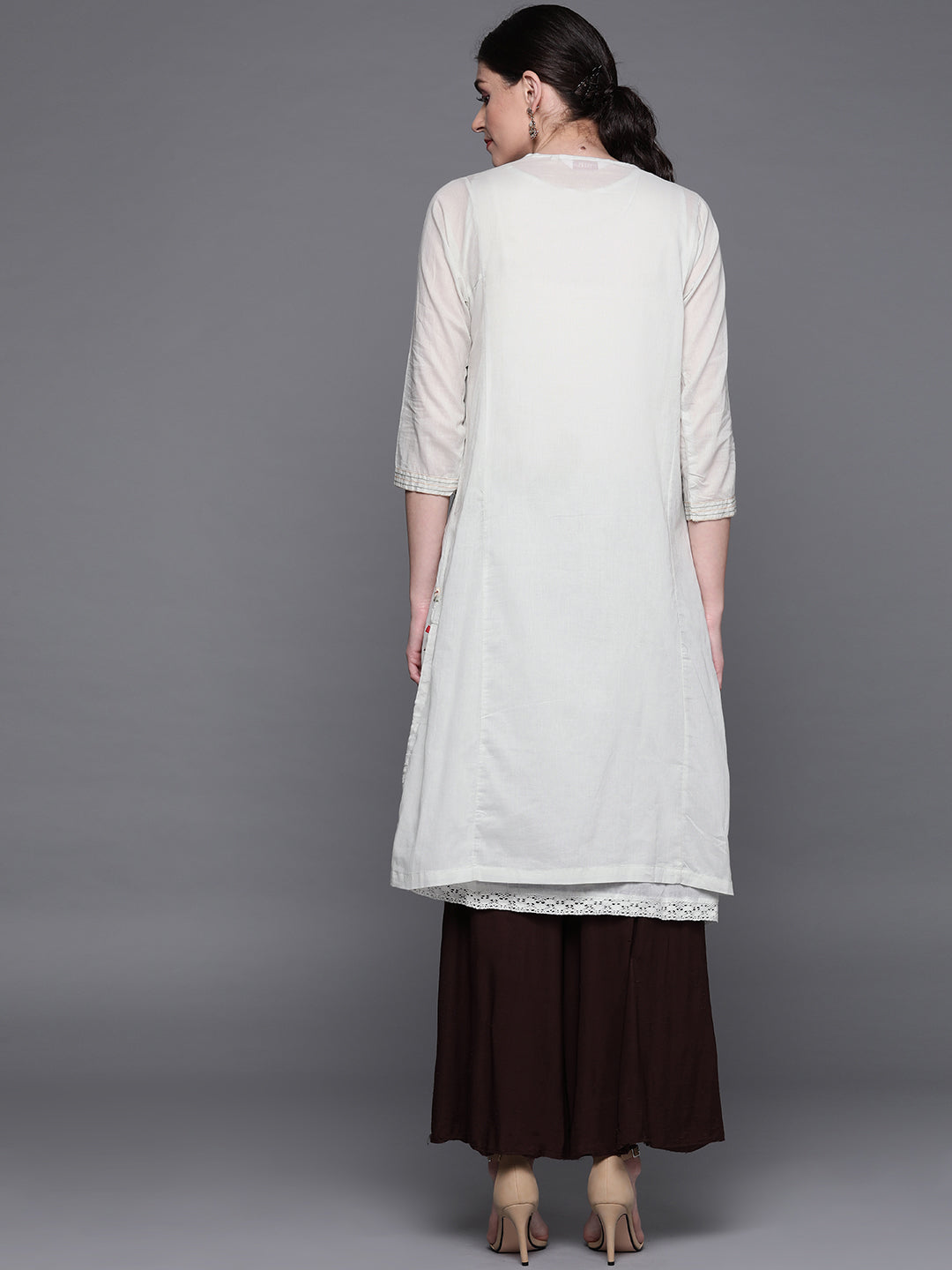 Biba Women Grey & Beige Floral Embroidered A-lIne Layered Kurta - Distacart
