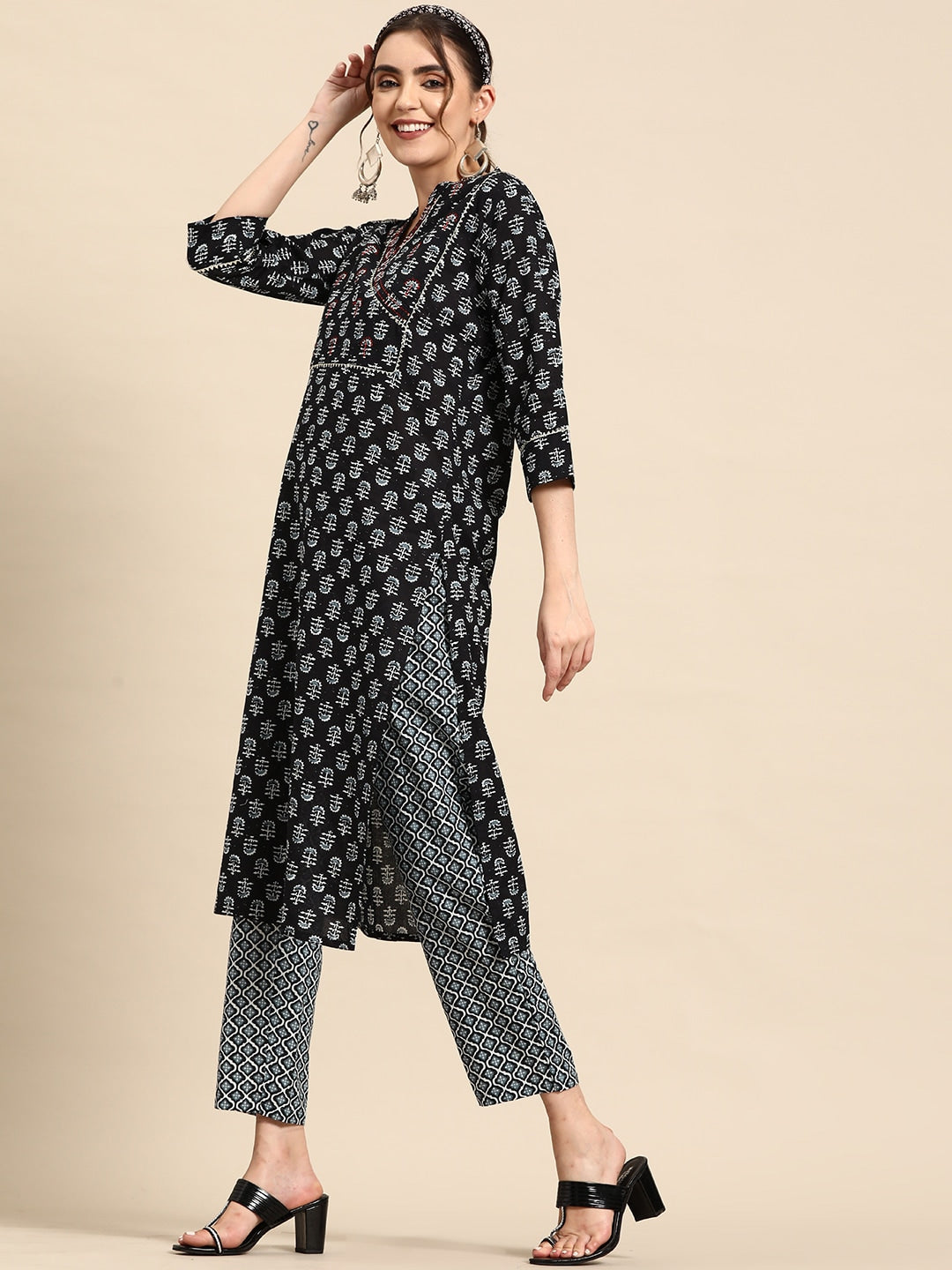 Sangria Ethnic Motifs Printed High Slit Gotta Patti Pure Cotton Kurta With Trousers - Distacart