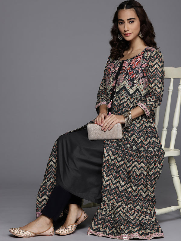 Biba Women Black & Beige Chevron Printed Anarkali Kurta - Distacart