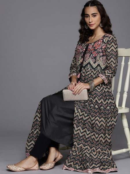 Biba Women Black & Beige Chevron Printed Anarkali Kurta - Distacart