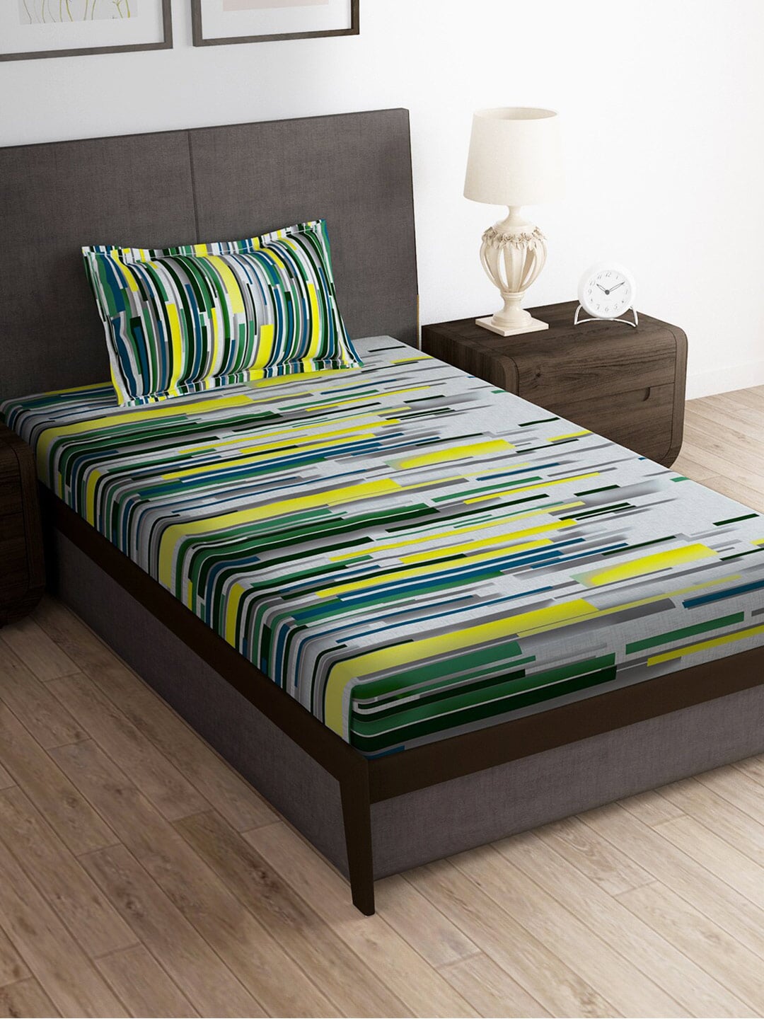 Story@home Grey & White Striped Microfiber 180 TC Bedsheet With Pillow Cover - Distacart