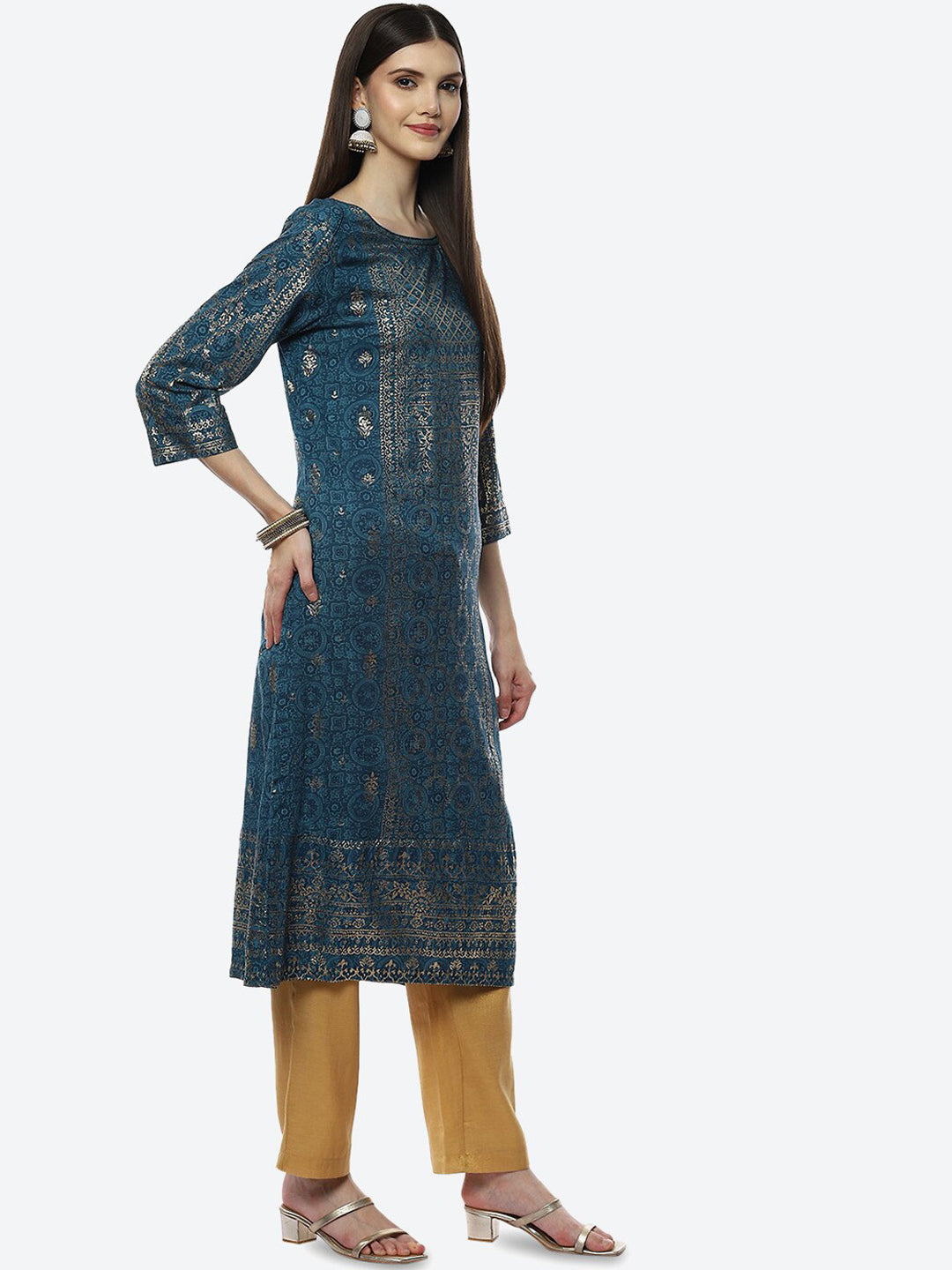 Biba Women Teal & Gold-Toned Ethnic Motifs Printed Kurta - Distacart