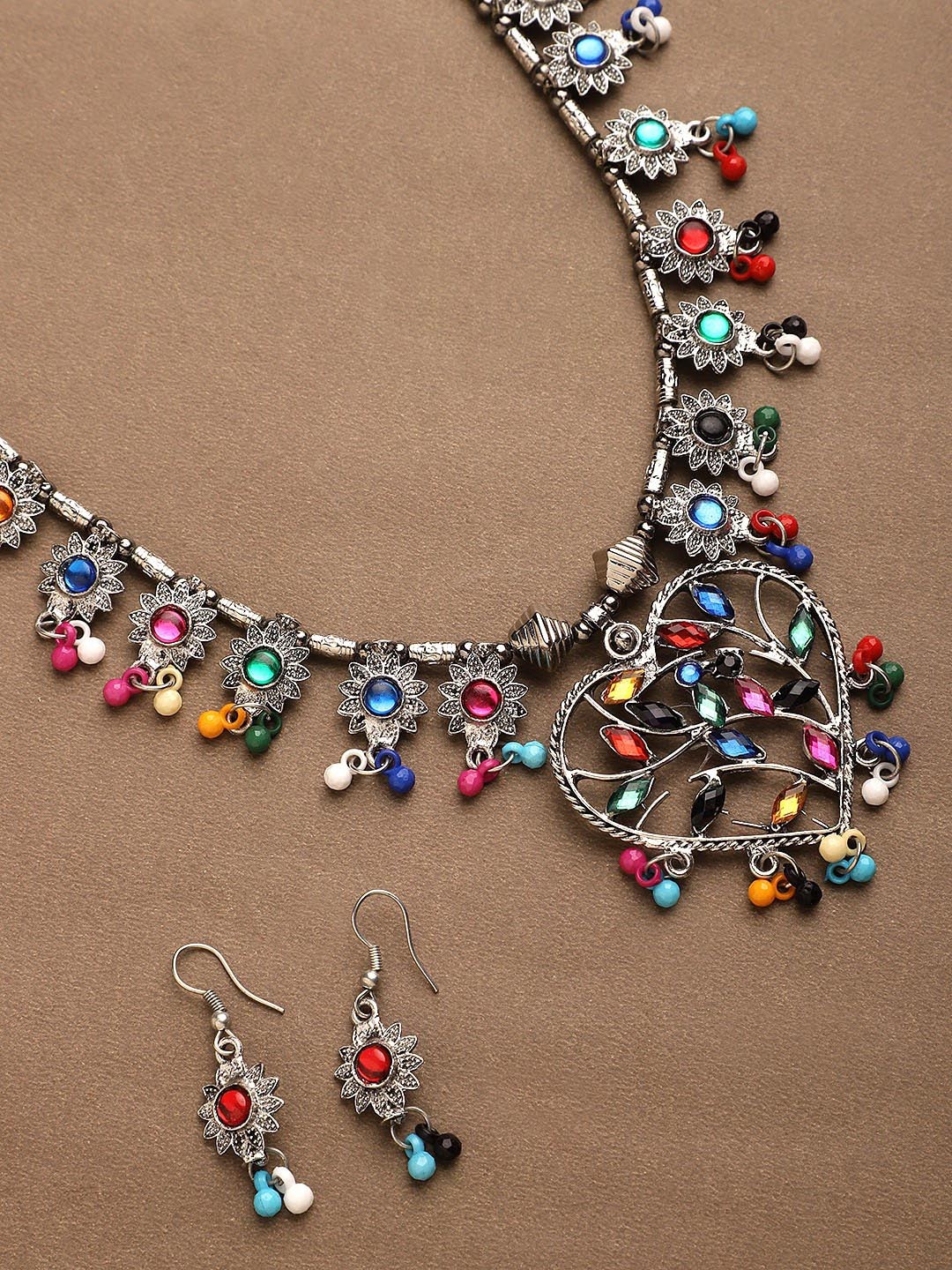 Cardinal Multi-Colored Heart Oxidised Long Jewellery Set - Distacart