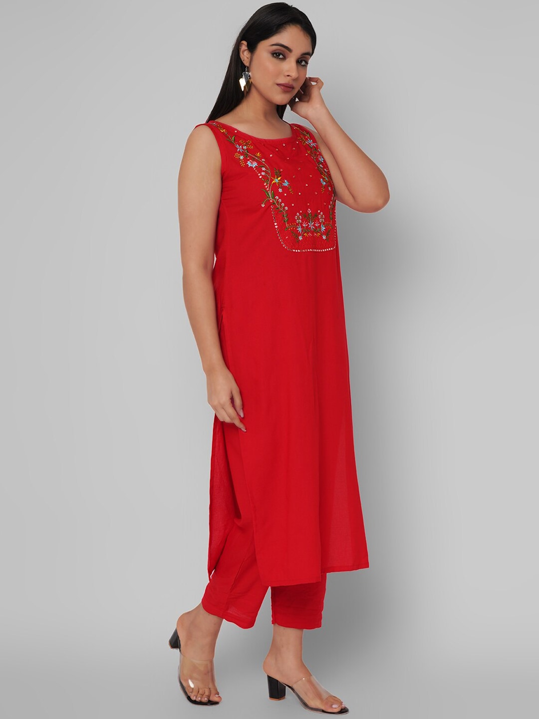 Kalini Women Red Floral Embroidered Mirror Work Kurta with Trousers - Distacart
