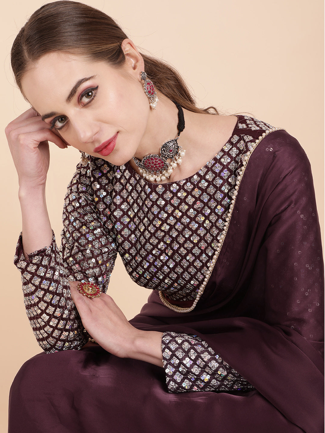 Sangria Burgundy Sequinned Satin Saree - Distacart