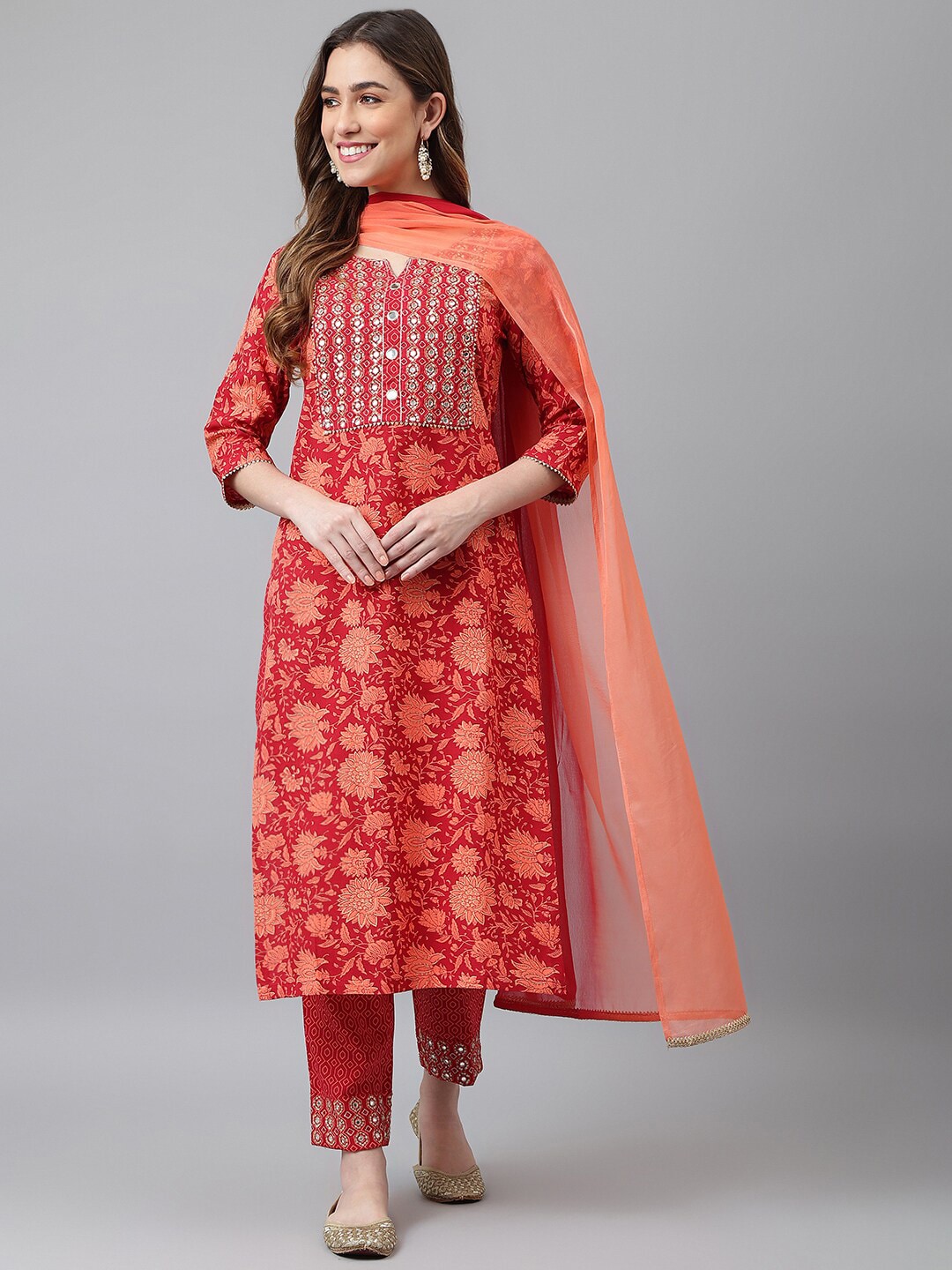 Khushal K Women Orange Floral Printed Mirror Work Kurta With Trousers & Dupatta - Distacart